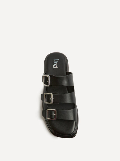 Satellite Black Faux Leather Flat Sandals