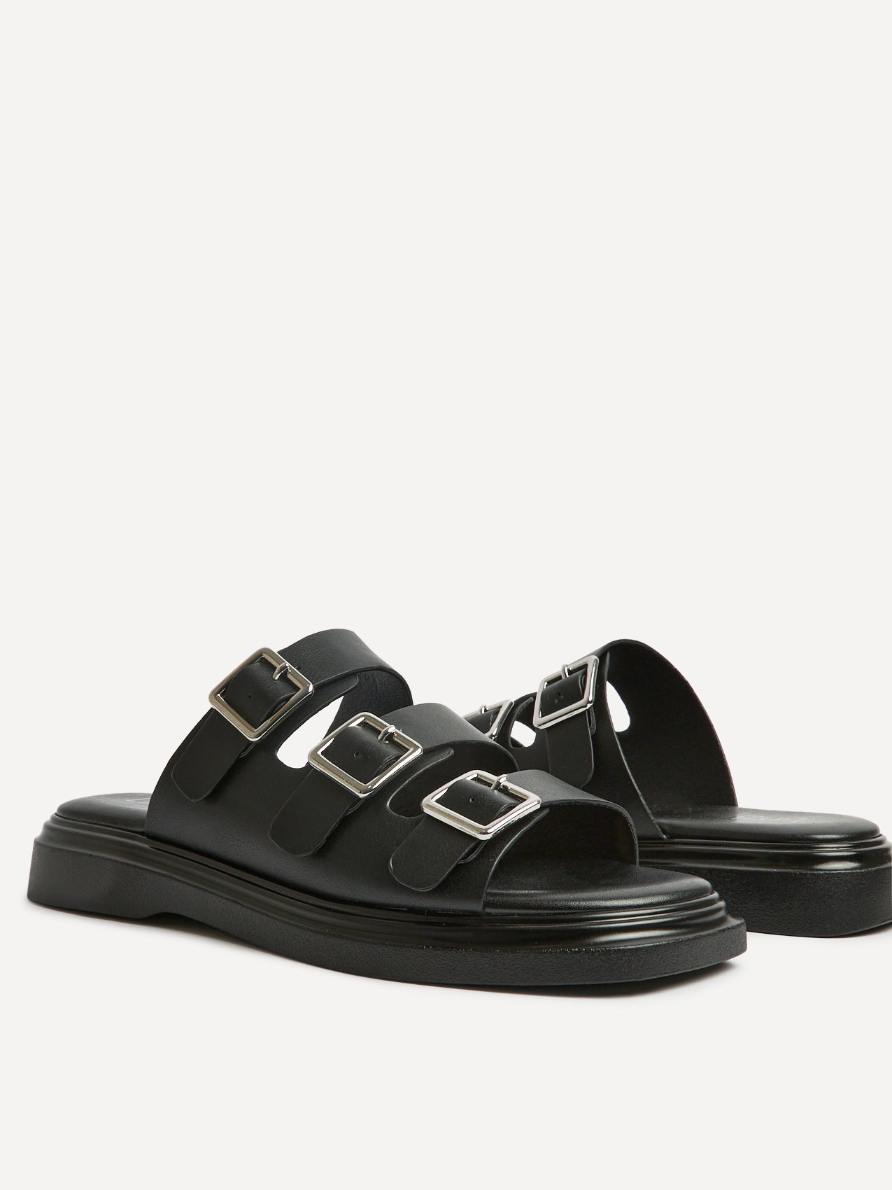 Satellite Black Faux Leather Flat Sandals