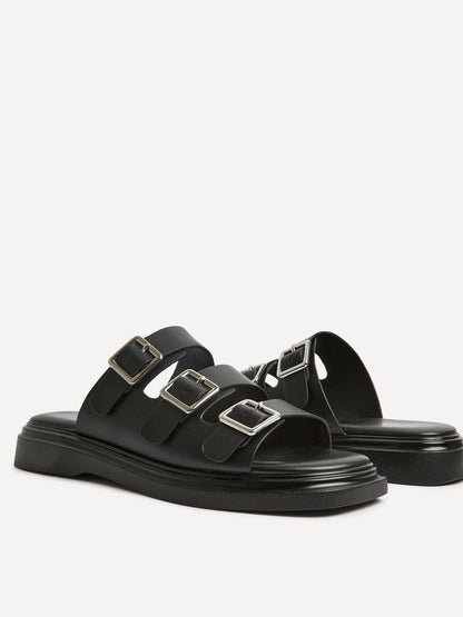 Satellite Black Faux Leather Flat Sandals