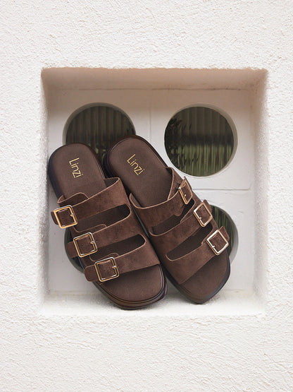 Satellite Brown Faux Suede Flat Sandals