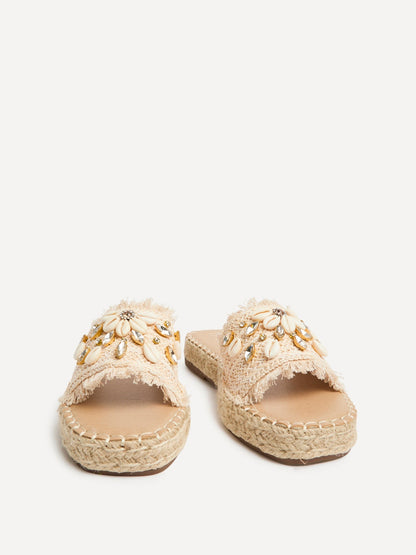 Seaside Beige Raffia Embellished Sliders