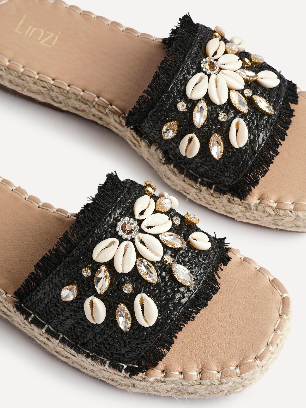 Seaside Black Raffia Embellished Sliders