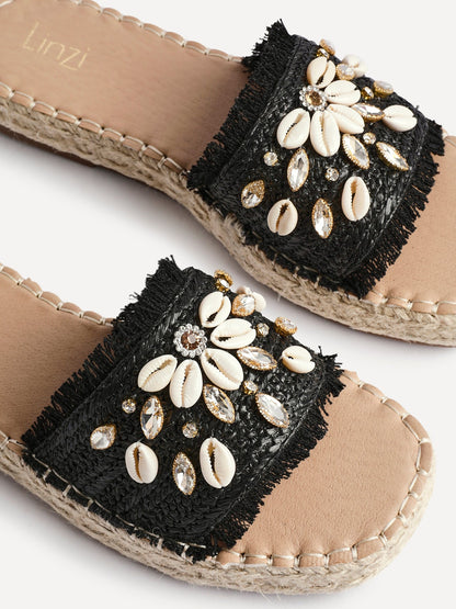 Seaside Black Raffia Embellished Sliders