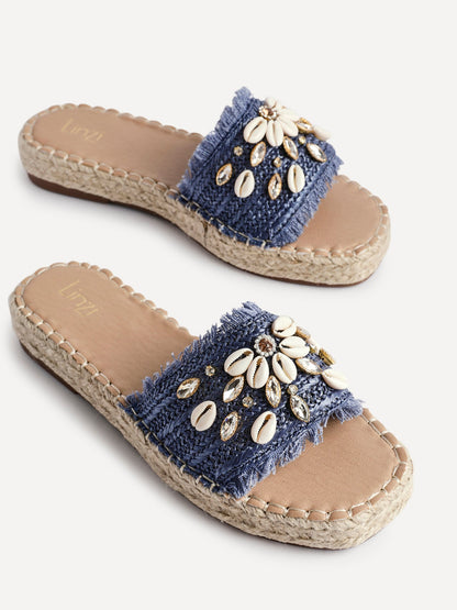 Seaside Blue Raffia Embellished Sliders