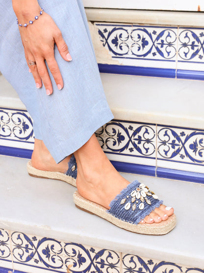 Seaside Blue Raffia Embellished Sliders