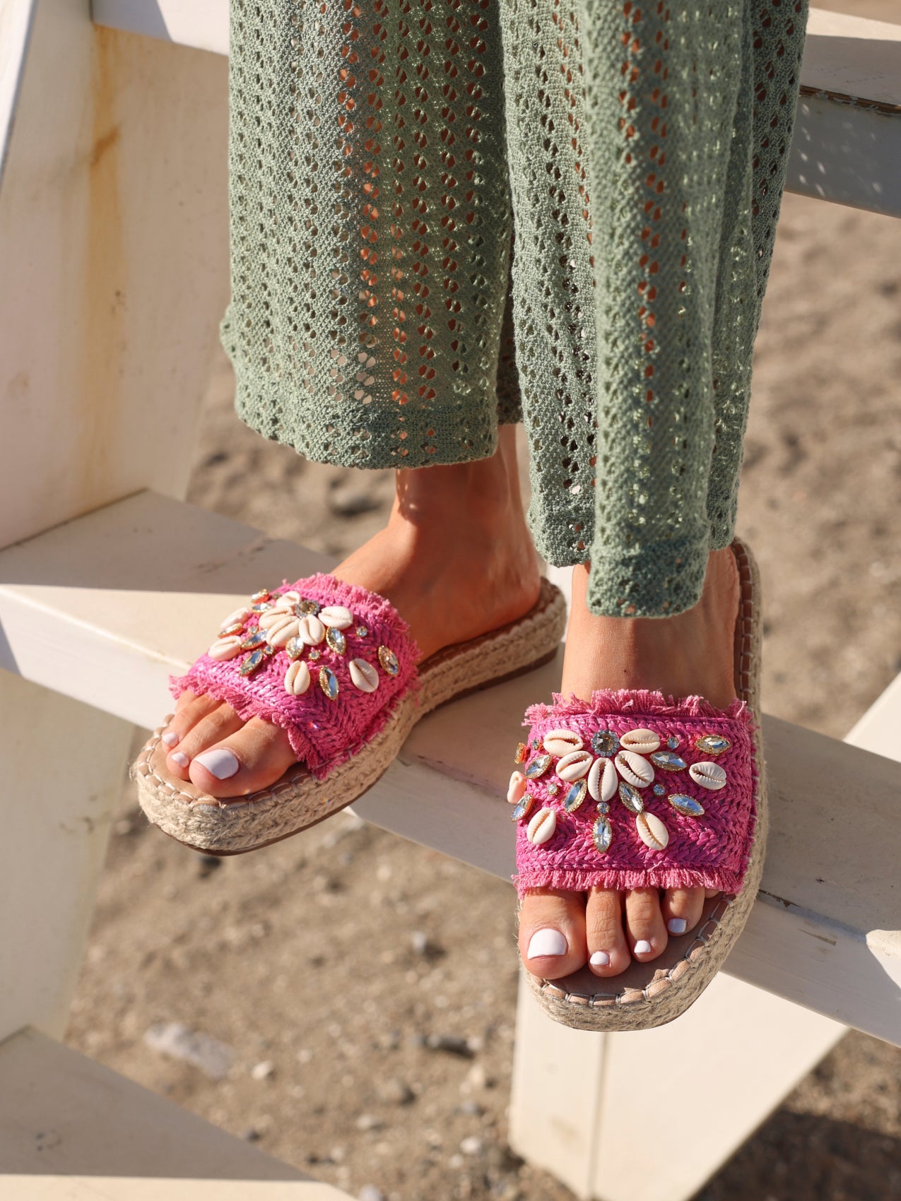 Seaside Fuchsia Raffia Embellished Sliders
