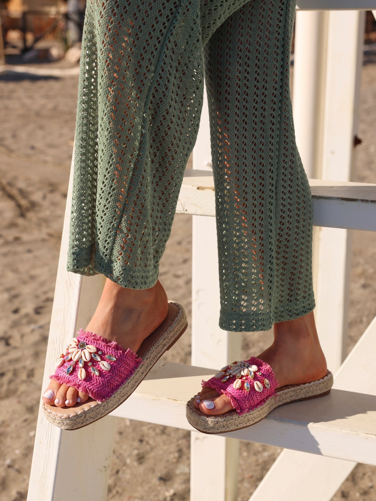 Seaside Fuchsia Raffia Embellished Sliders