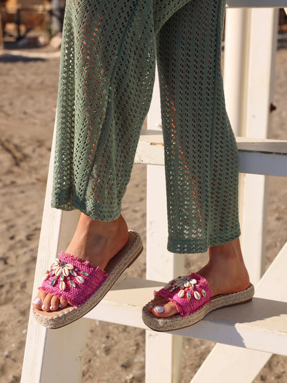 Seaside Fuchsia Raffia Embellished Sliders