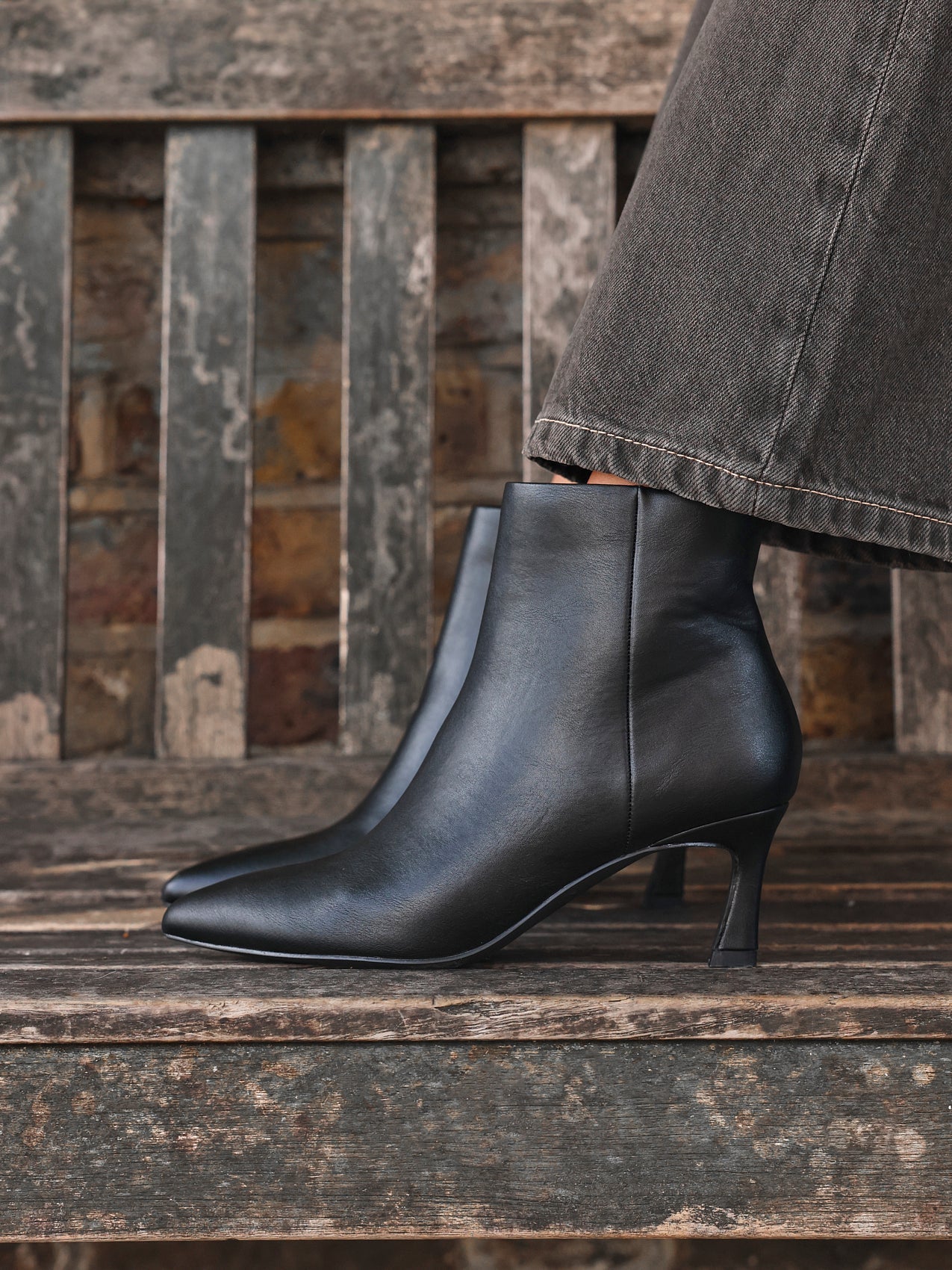 Secured Black Faux Leather Stiletto Ankle Boots