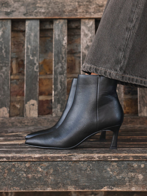 Secured Black Faux Leather Stiletto Ankle Boots