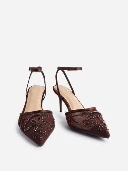 Serenade Brown Beaded Mesh Court Heels