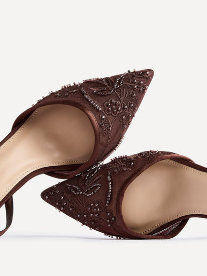 Serenade Brown Beaded Mesh Court Heels