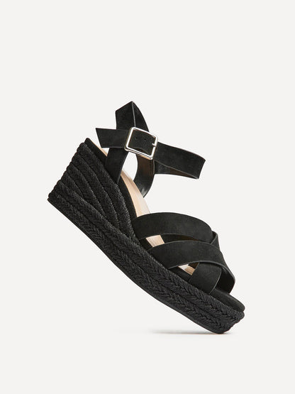 Sheena Black Crossover Espadrille Wedges