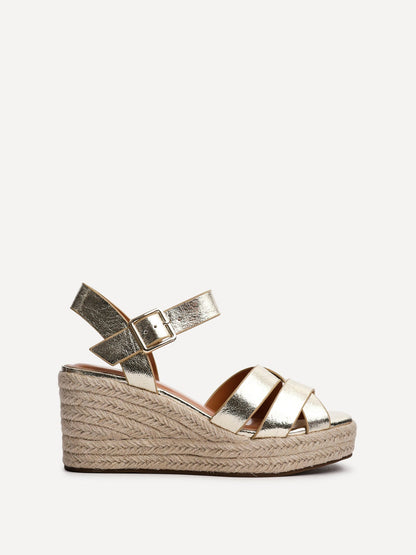 Sheena Gold Crossover Espadrille Wedges