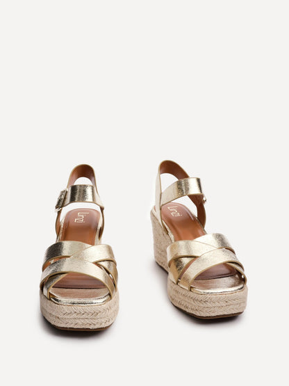Sheena Gold Crossover Espadrille Wedges