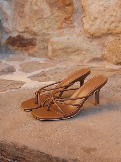 Solis Tan Strappy Mule Heels