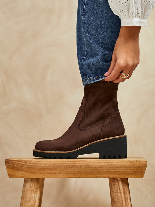 Trish Brown Faux Suede Wedged Ankle Boots