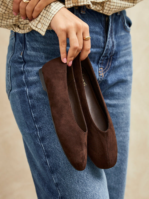 Structure Brown Faux Suede Square Toe Ballet Flats