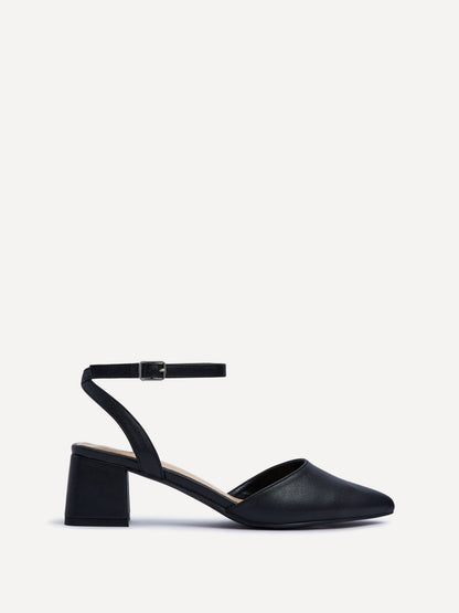 Suzy Wide Fit Black Faux Leather Court Heels