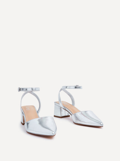 Suzy Wide Fit Silver Faux Leather Court Heels