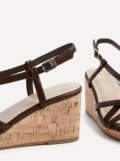 Safiya Brown Faux Leather Strappy Wedges