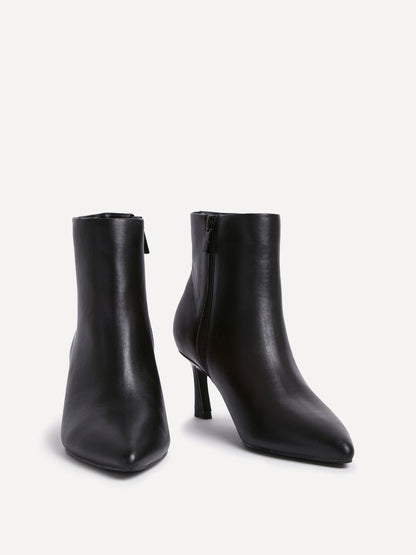 Secured Black Faux Leather Stiletto Ankle Boots
