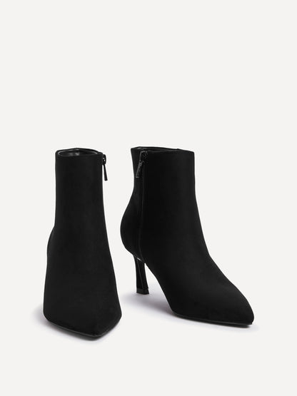 Secured Black Faux Suede Stiletto Ankle Boots