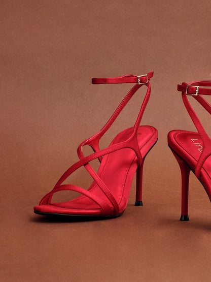 Taliya Red Satin Strappy Stiletto Heels