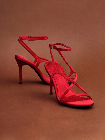Taliya Red Satin Strappy Stiletto Heels