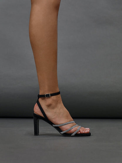 Glimmer Black Faux Suede Diamante Block Heels