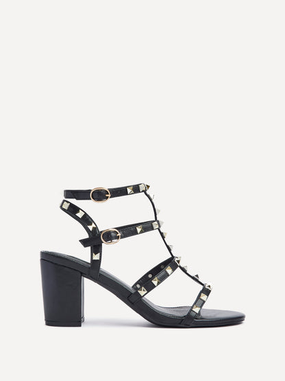 Tessa Black & Gold Studded Block Heel Sandals