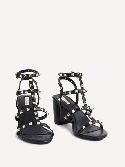 Tessa Black & Gold Studded Block Heel Sandals