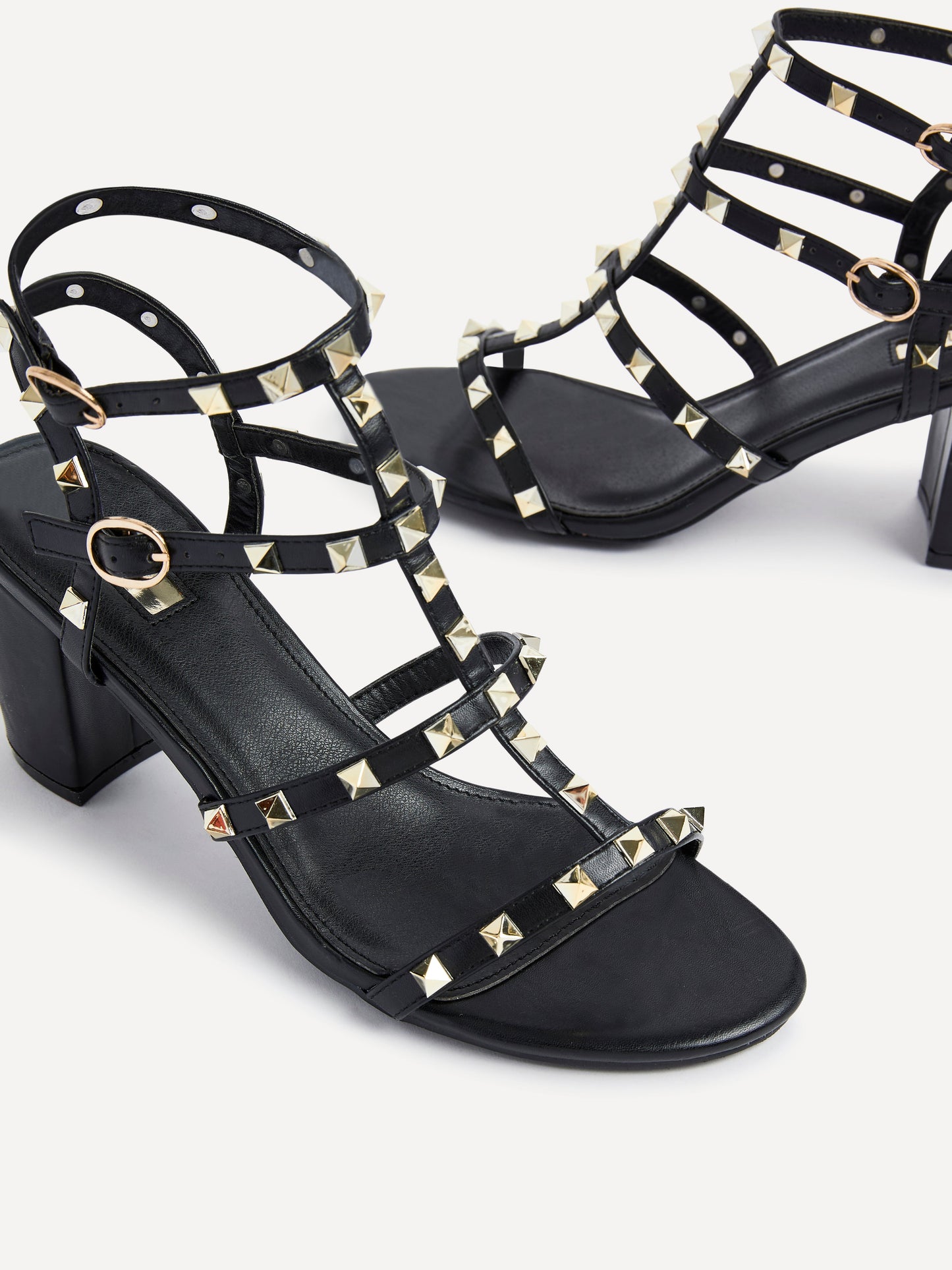 Tessa Black & Gold Studded Block Heel Sandals