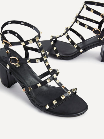 Tessa Black & Gold Studded Block Heel Sandals