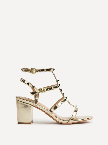 Tessa Gold Studded Block Heel Sandals
