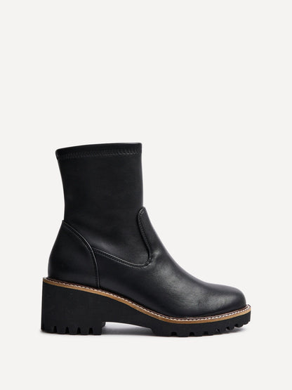 Trish Black Faux Leather Wedged Ankle Boots