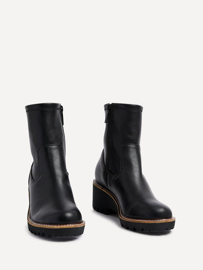 Trish Black Faux Leather Wedged Ankle Boots