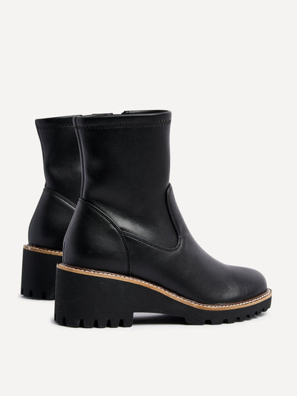 Trish Black Faux Leather Wedged Ankle Boots