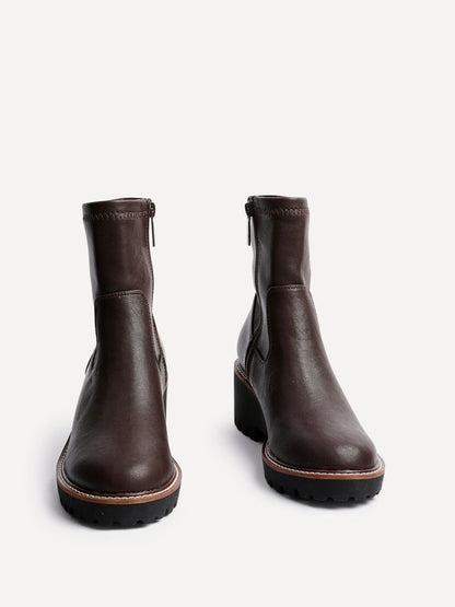 Trish Brown Faux Leather Wedged Ankle Boots