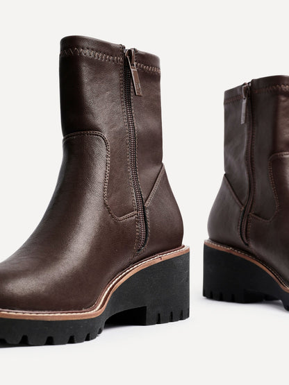 Trish Brown Faux Leather Wedged Ankle Boots