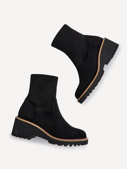 Trish Black Faux Suede Wedged Ankle Boots