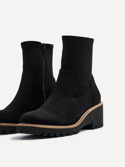 Trish Black Faux Suede Wedged Ankle Boots