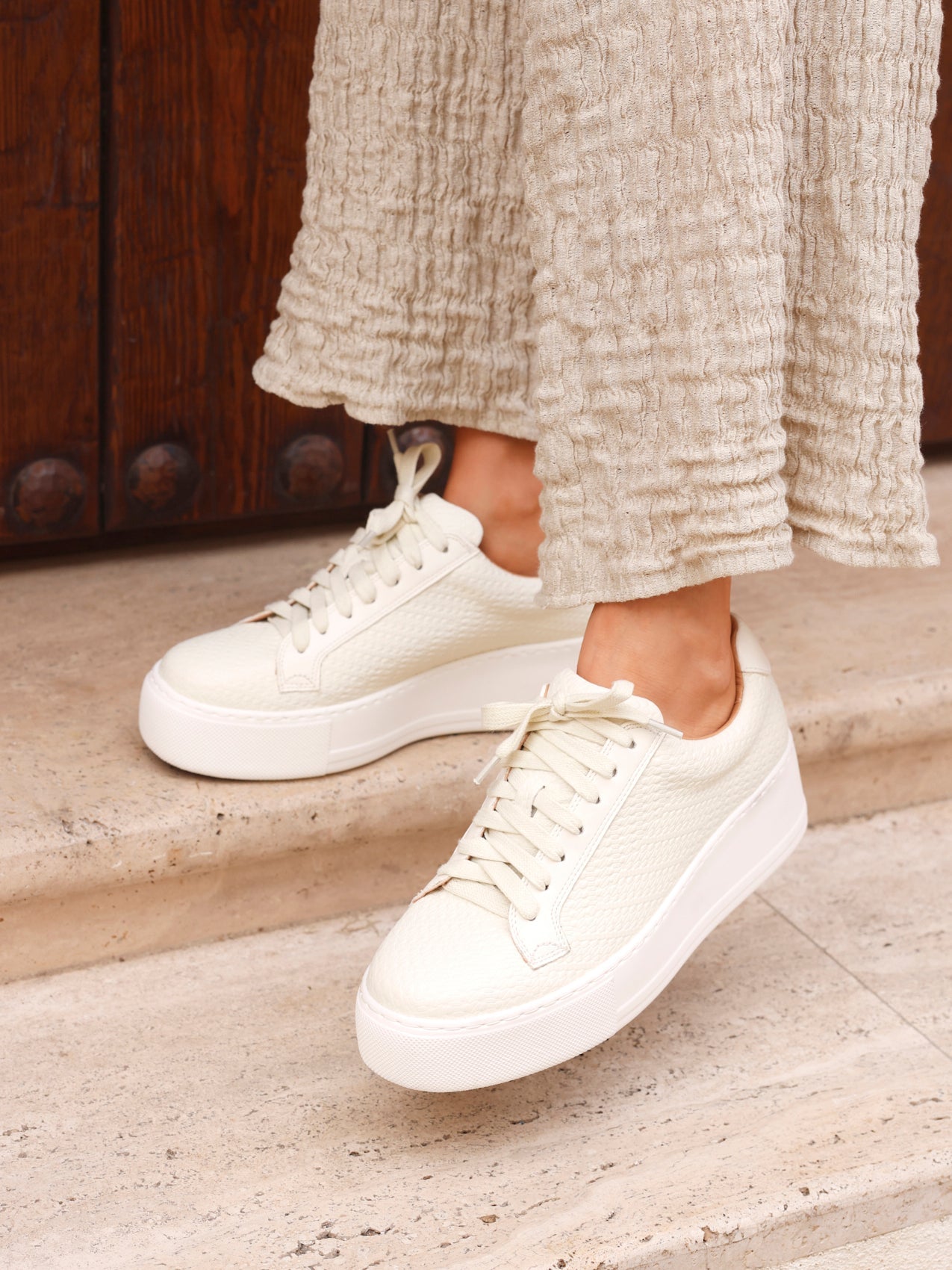 Twyla Cream Faux Leather Trainers
