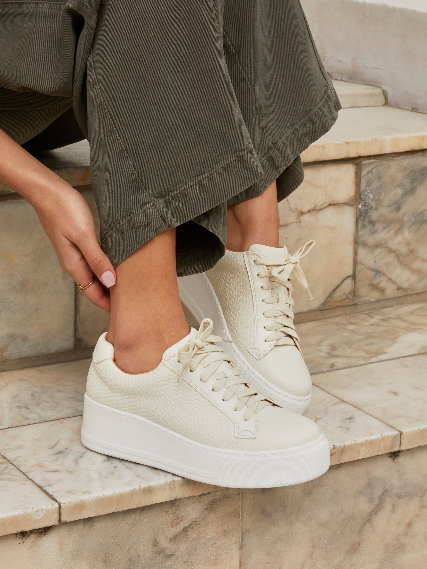 Twyla Cream Faux Leather Trainers