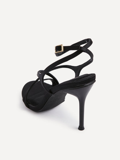 Taliya Black Satin Strappy Stiletto Heels