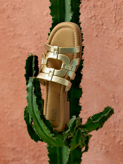 Lupita Gold Linked Flat Slider Sandals