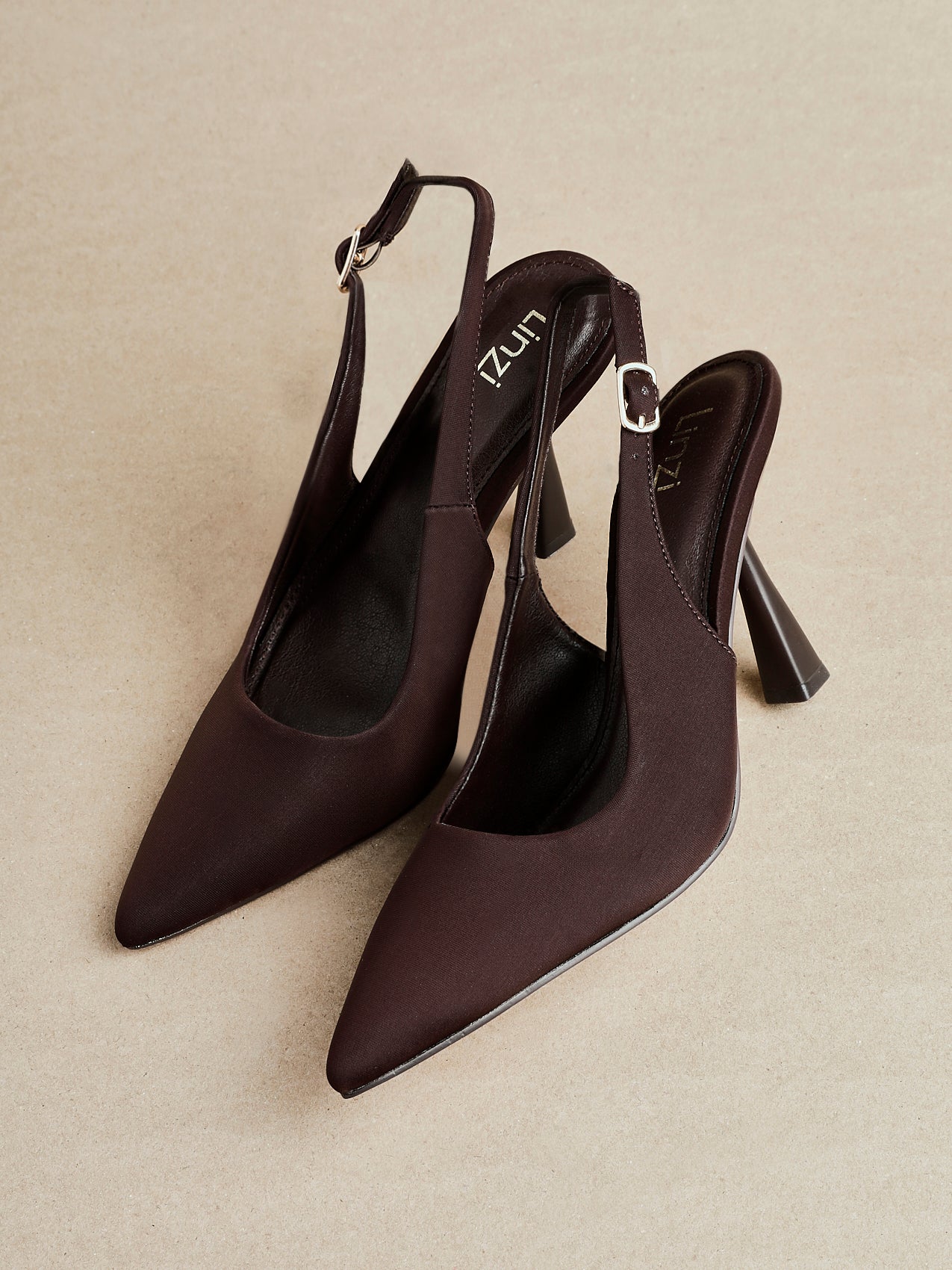Una Brown Lycra Sling Back Court Heels