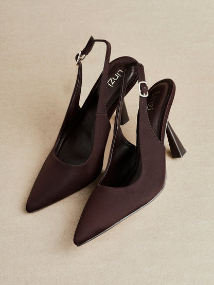 Una Brown Lycra Sling Back Court Heels