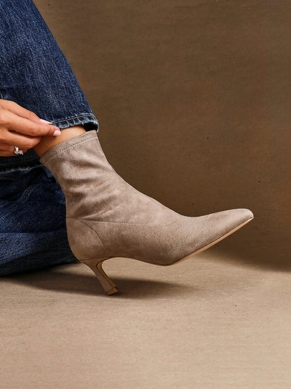 Upgrade Mocha Faux Suede Kitten Heel Sock Boots