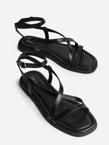 Valor Black Strappy Flat Sandals